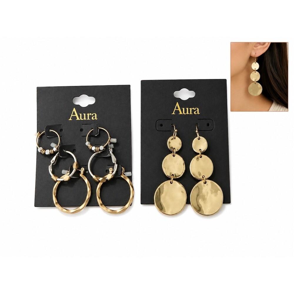 4 pairs Aura Earrings Lot Set Gold Tone Hoop & Hammered Disc Dangle Gift cute